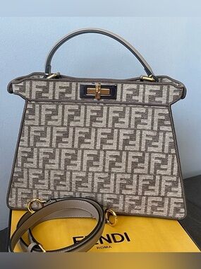 Fendi Beige and Brown FF Canvas Peekaboo Satchel with Gold Hardware